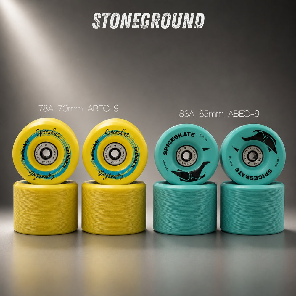 SpiceSkate 65mm and 70mm stoneground wheels for surfskate carving