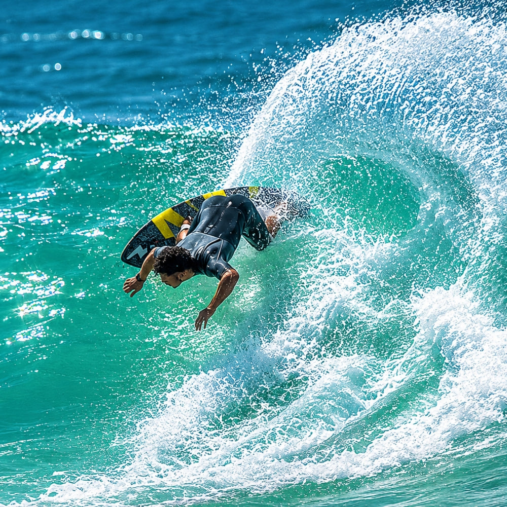 Surfer carving on a wave for SpiceSkate surf training inspiration