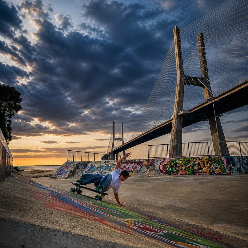 SpiceSkate rider carving in an urban pumptrack setting