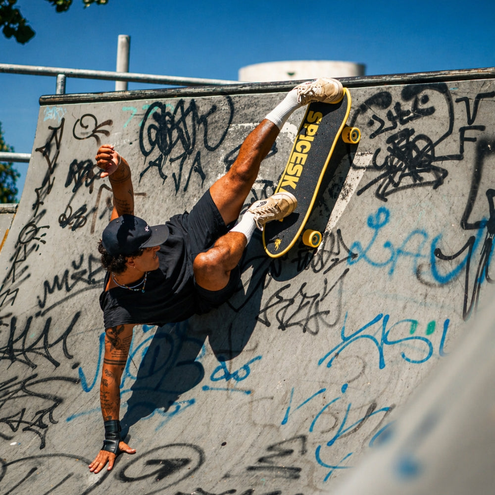 SpiceSkate rider performing a surfskate trick with OktoAIR setup