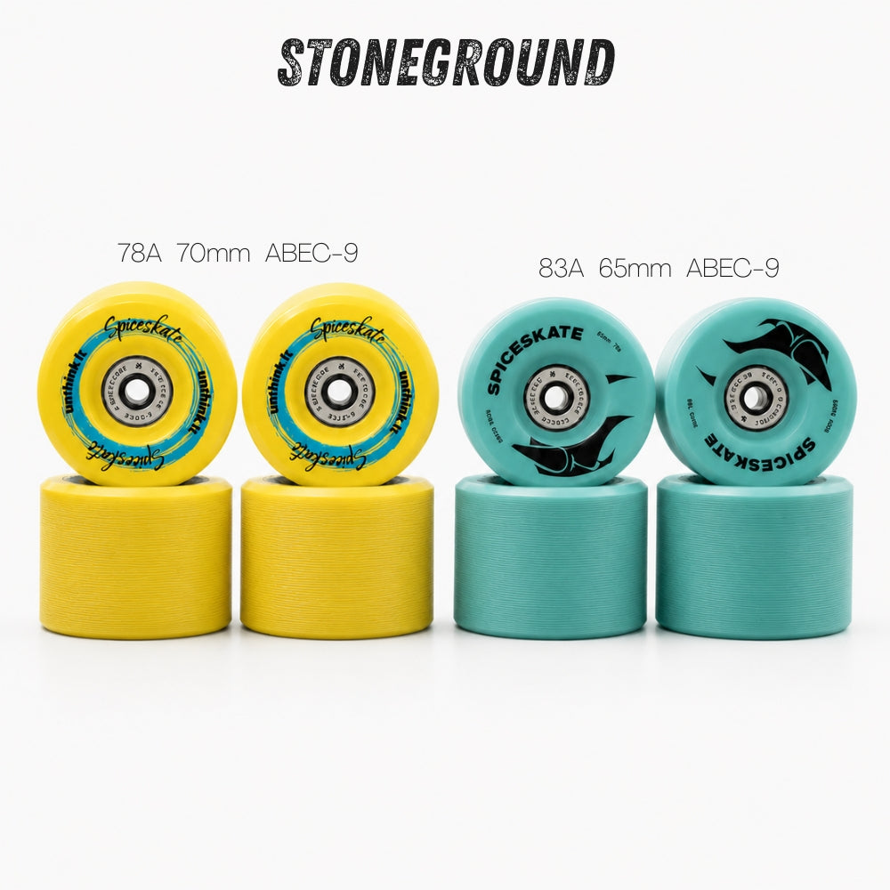 SpiceSkate 65mm and 70mm stoneground wheels for OktoAIR surfskate carving
