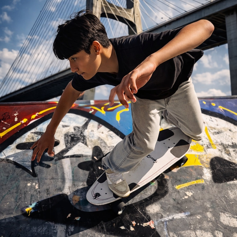 SpiceSkate rider carving inside a skate bowl with deep surf-style movement