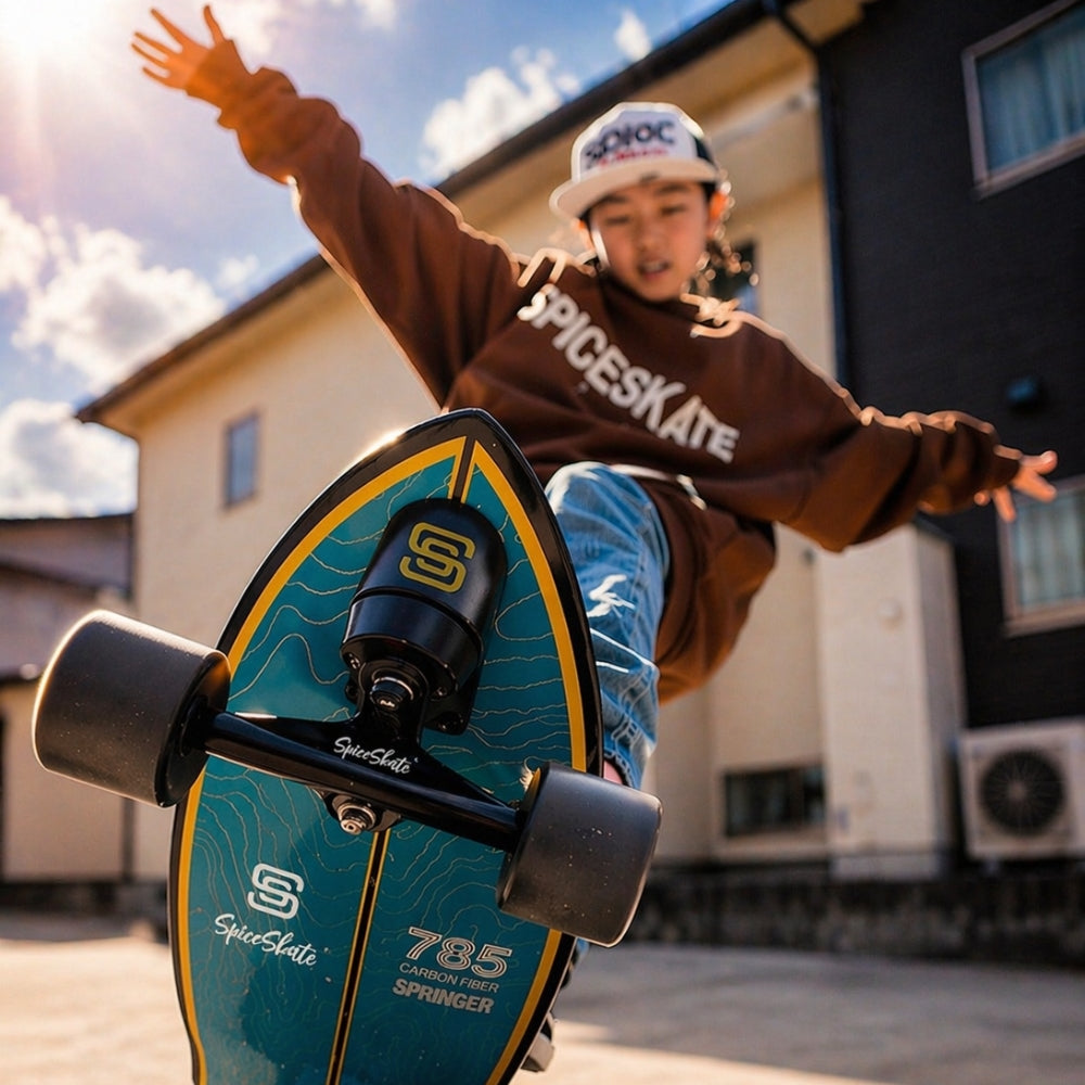 SpiceSkate complete surfskate setup with rider showing board design