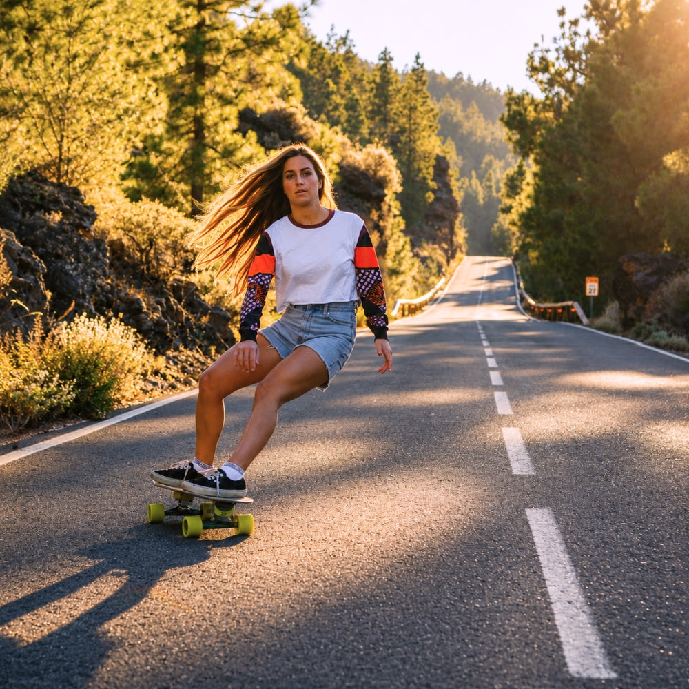 SpiceSkate rider carving on an open road with surf-inspired flow