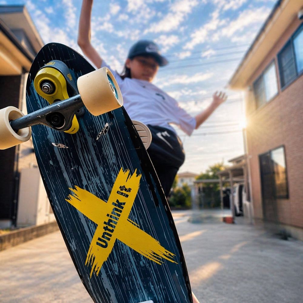 SpiceSkate surfskate board underside with rider cruising through the city